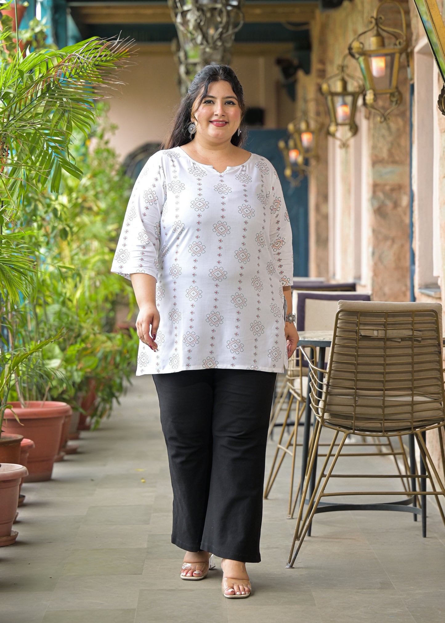 White Green Micro Print Ethnic Top