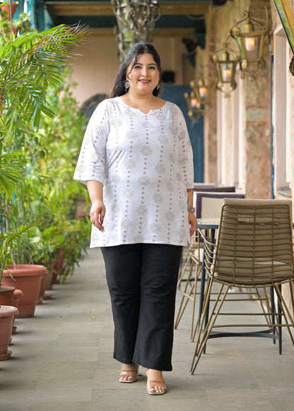 White Green Micro Print Ethnic Top