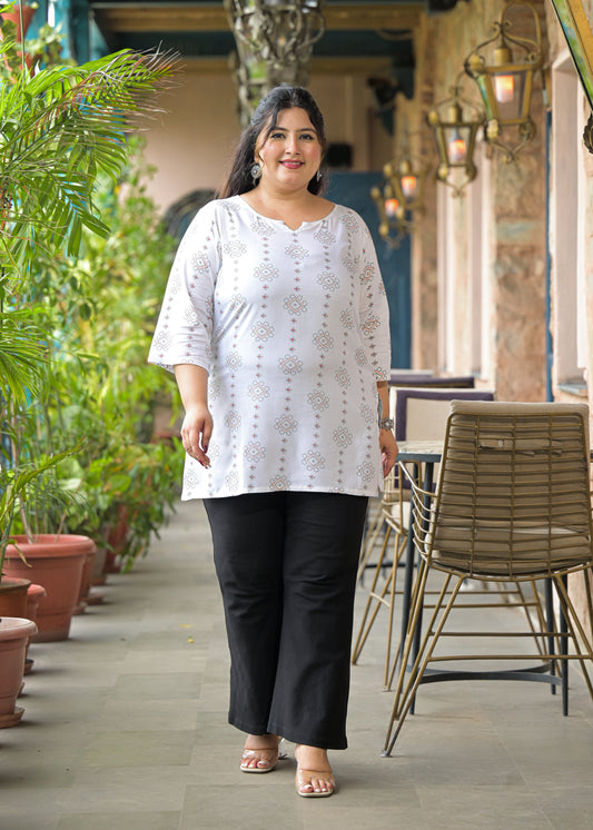 White Green Micro Print Ethnic Top