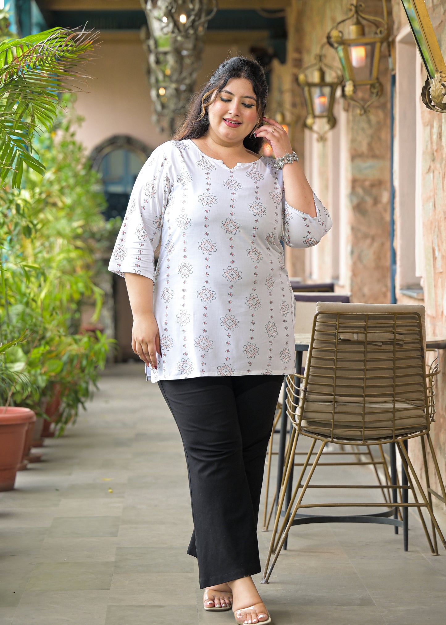 White Green Micro Print Ethnic Top