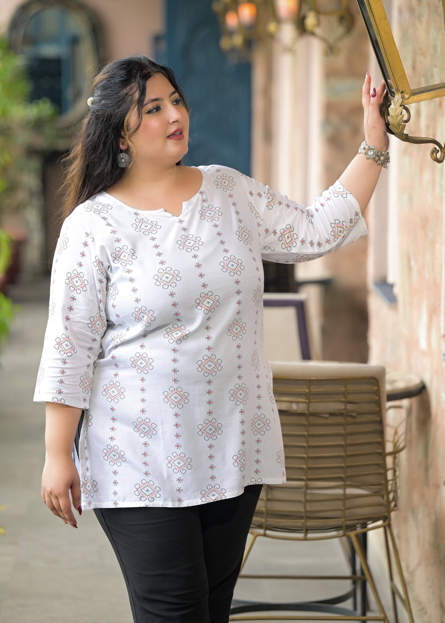 White Green Micro Print Ethnic Top