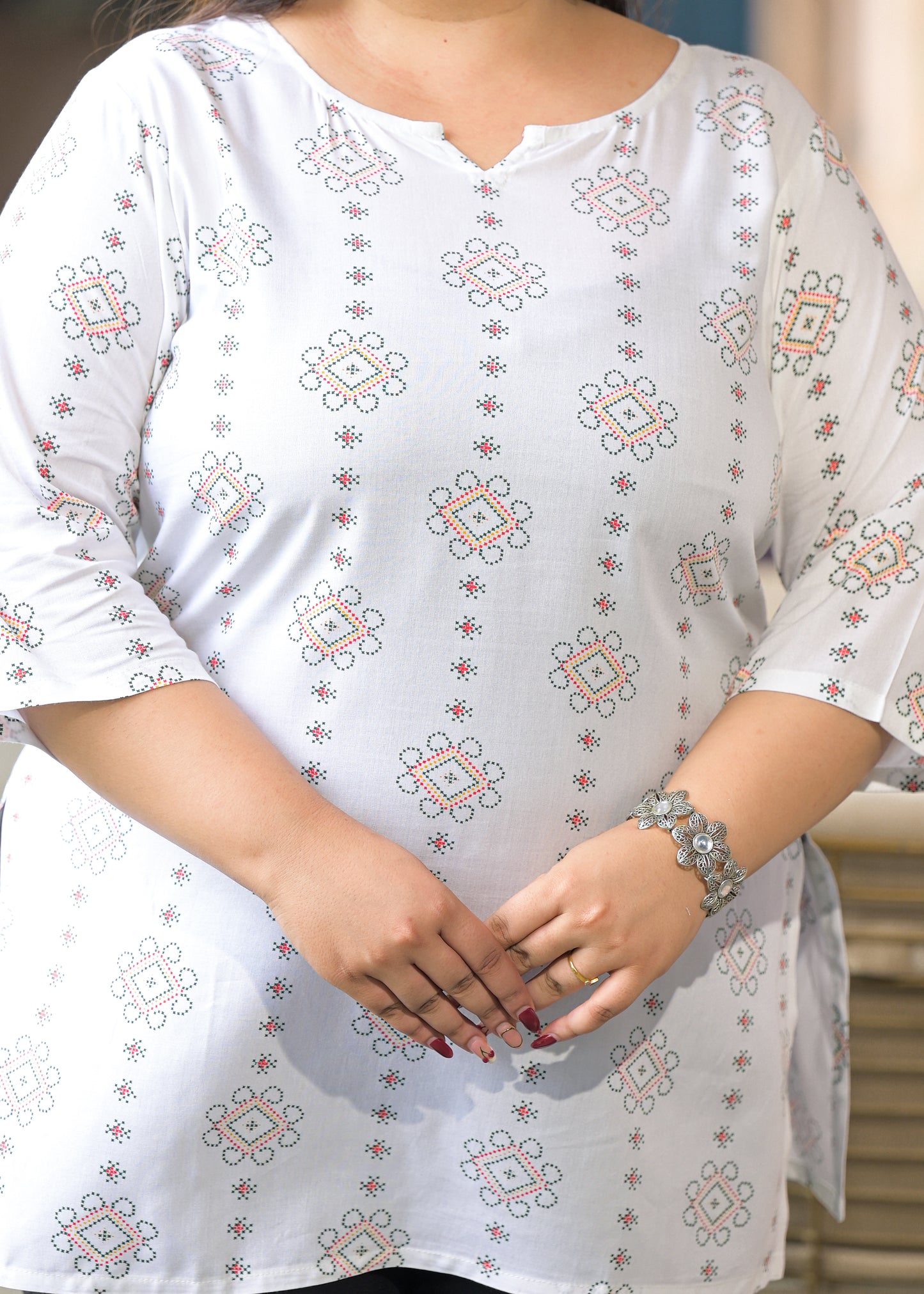White Green Micro Print Ethnic Top