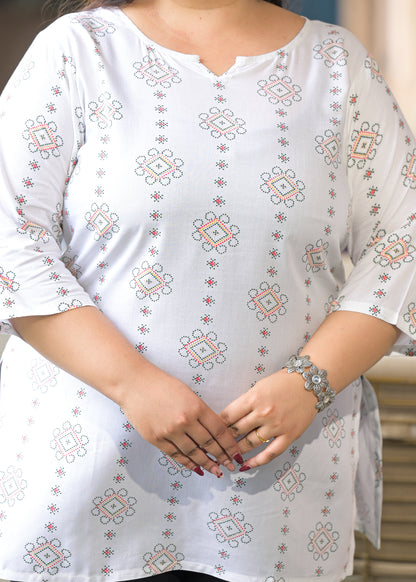 White Green Micro Print Ethnic Top