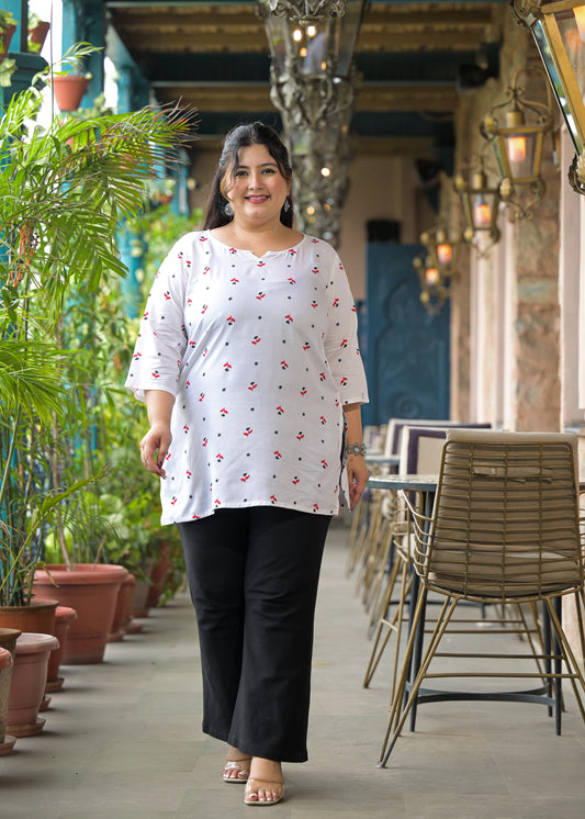 White Micro Print Ethnic Top
