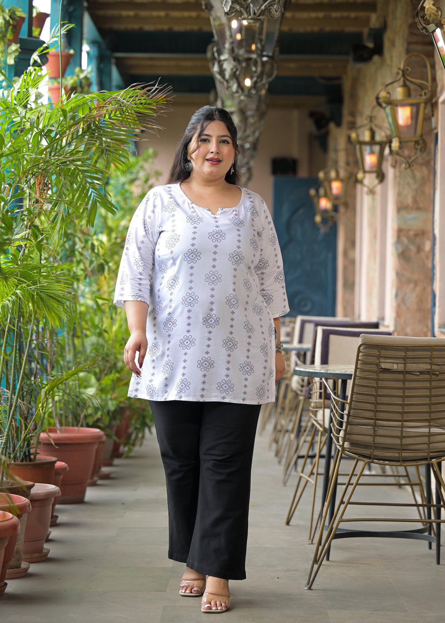 White Blue Micro Print Ethnic Top