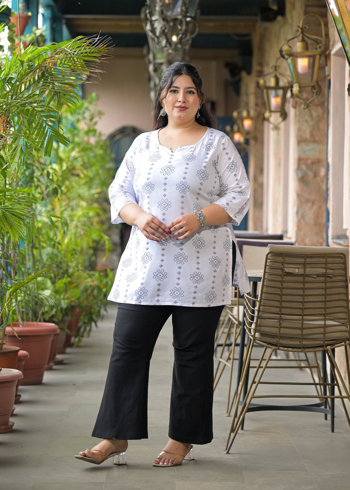 White Blue Micro Print Ethnic Top