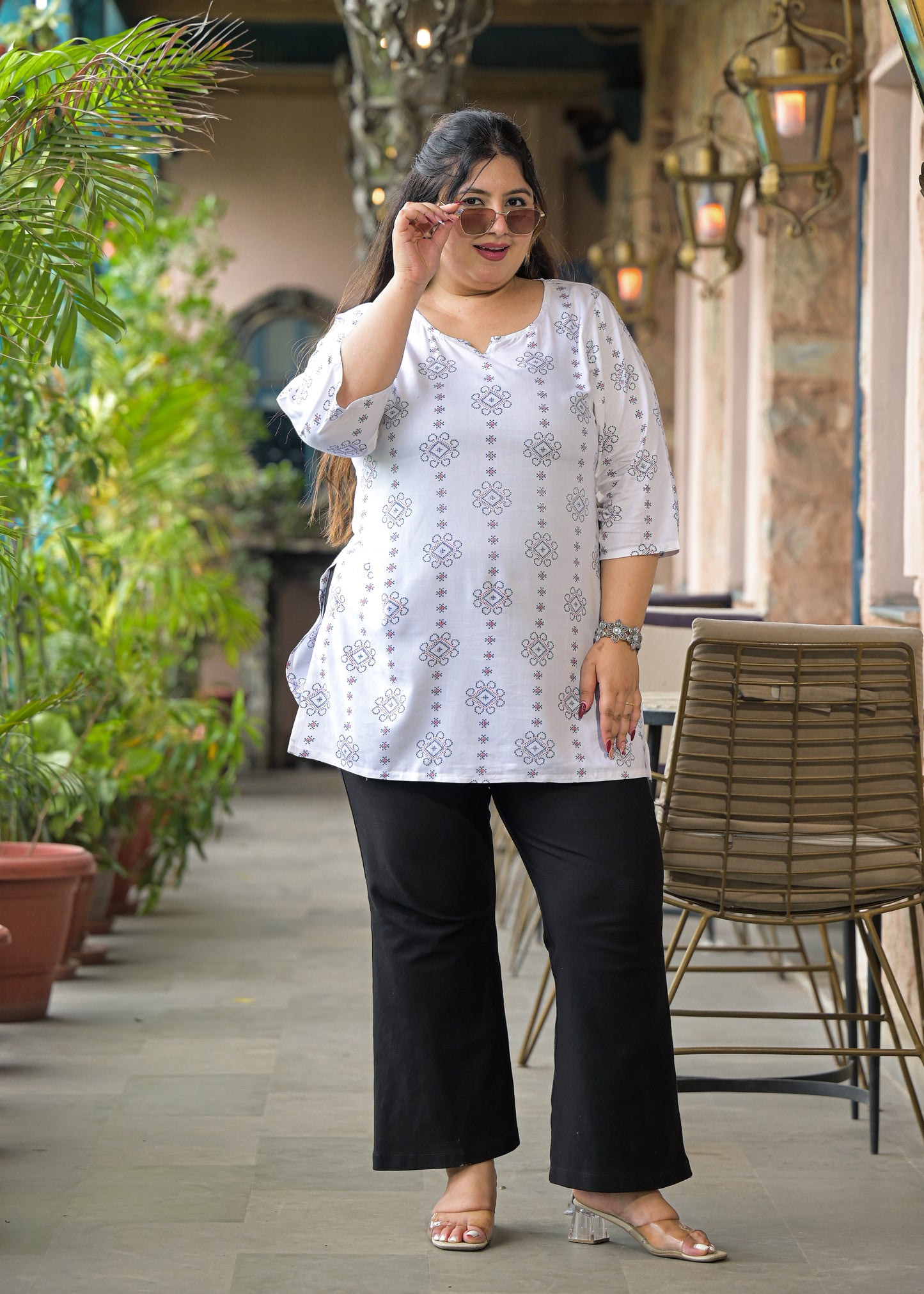 White Blue Micro Print Ethnic Top