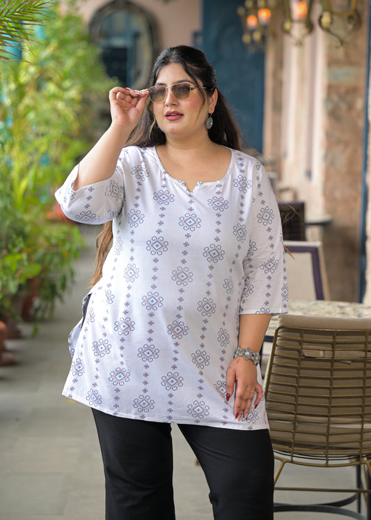 White Blue Micro Print Ethnic Top
