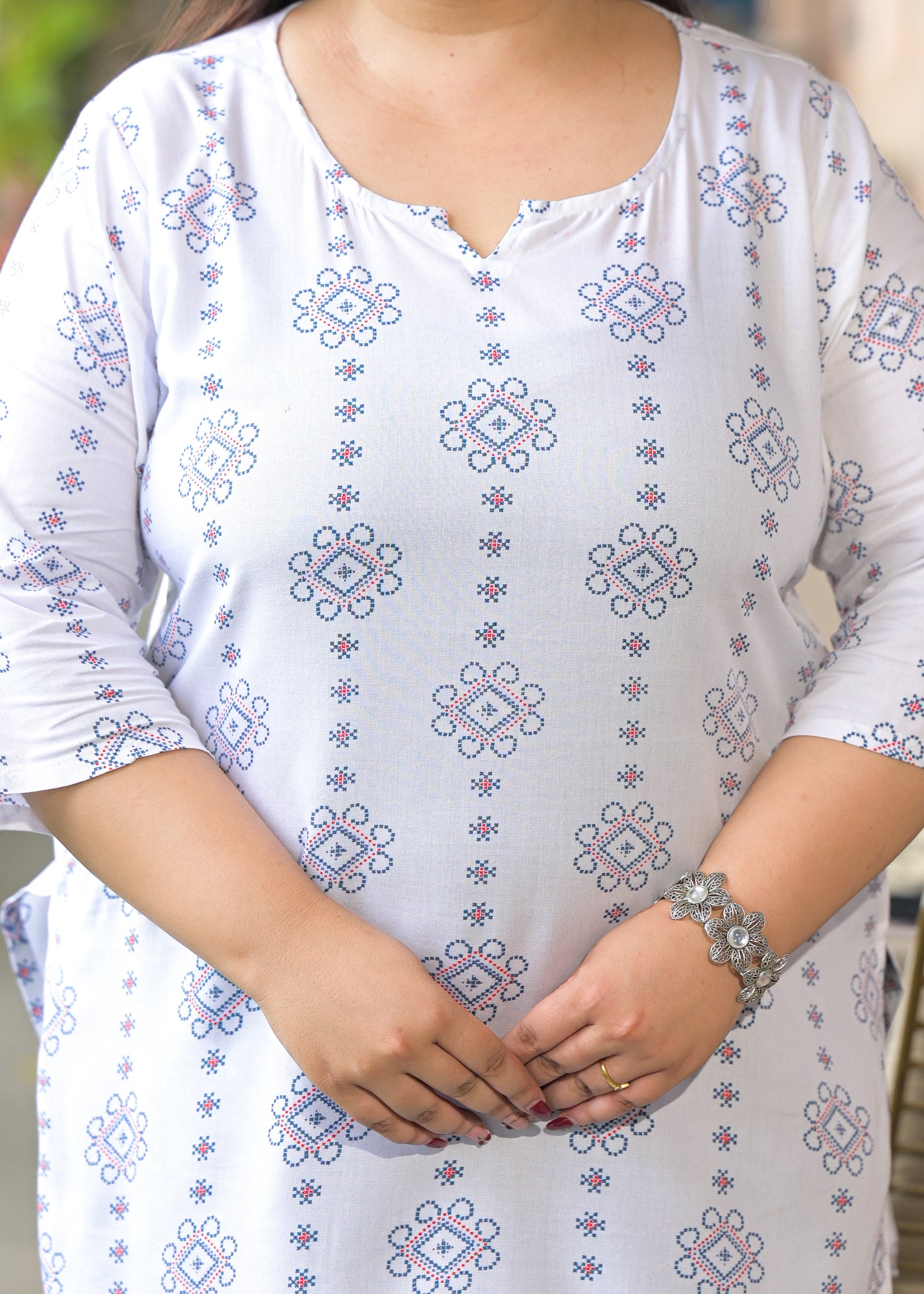 White Blue Micro Print Ethnic Top