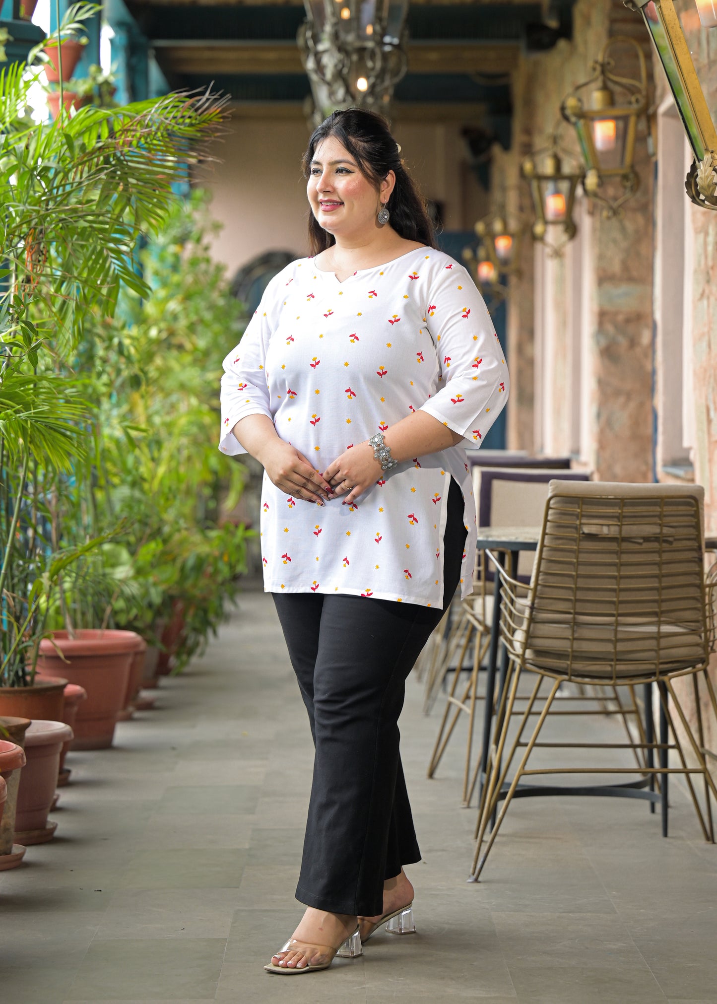 White Yellow Micro Print Ethnic Top