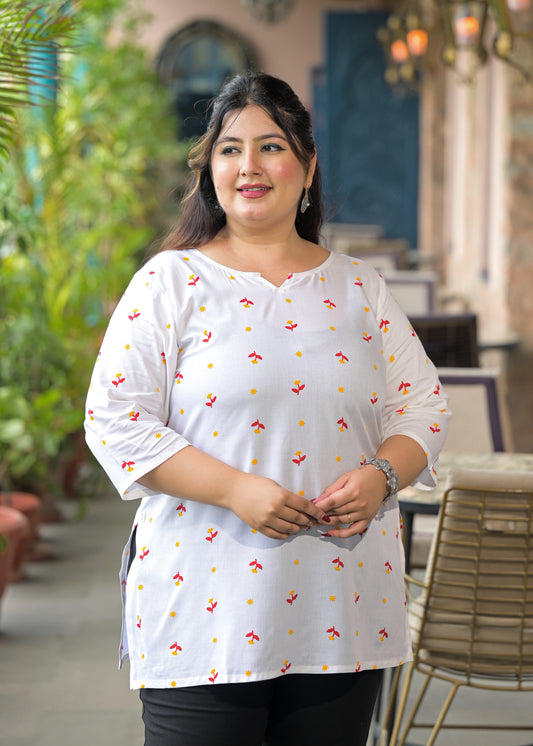 White Yellow Micro Print Ethnic Top