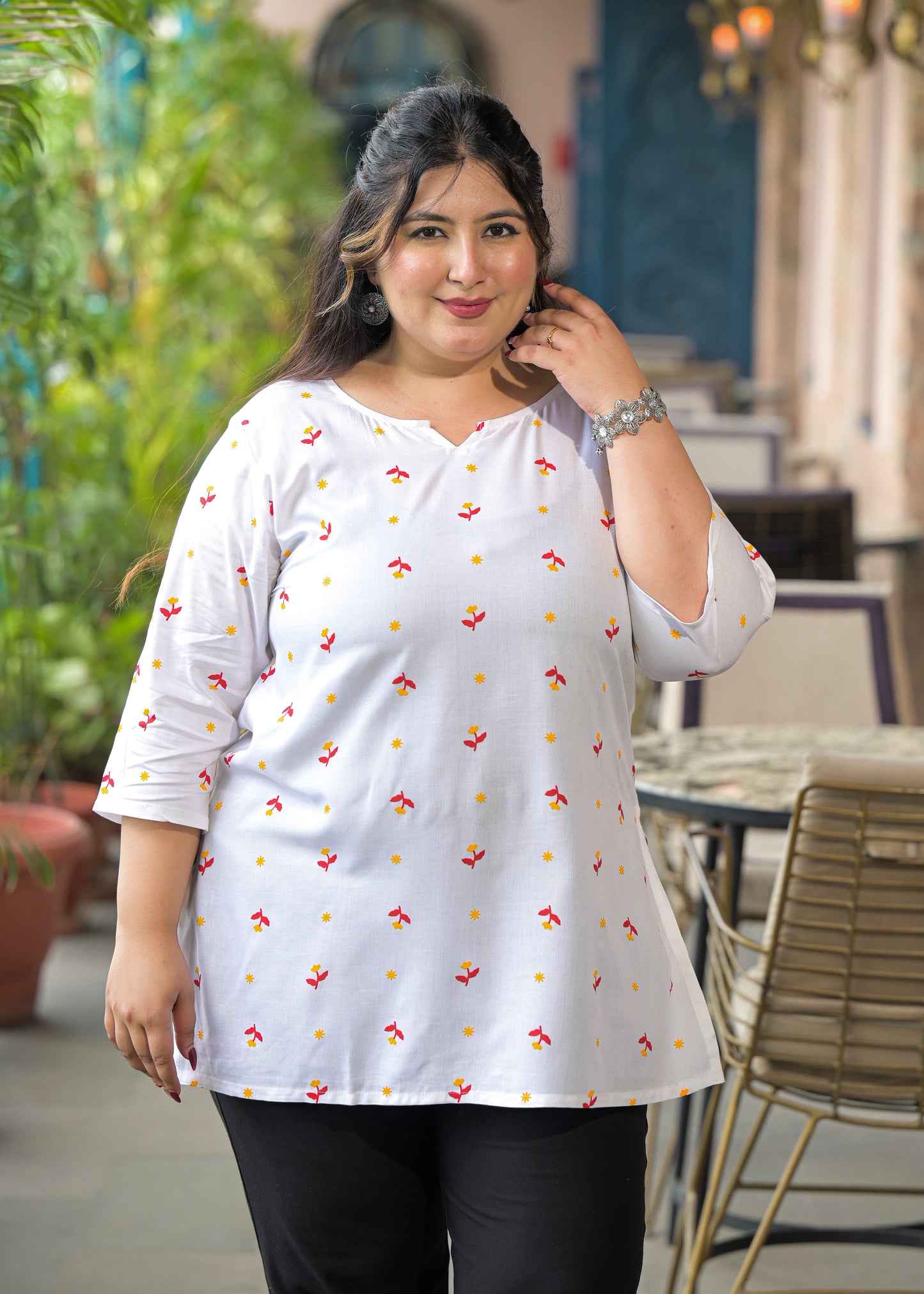 White Yellow Micro Print Ethnic Top