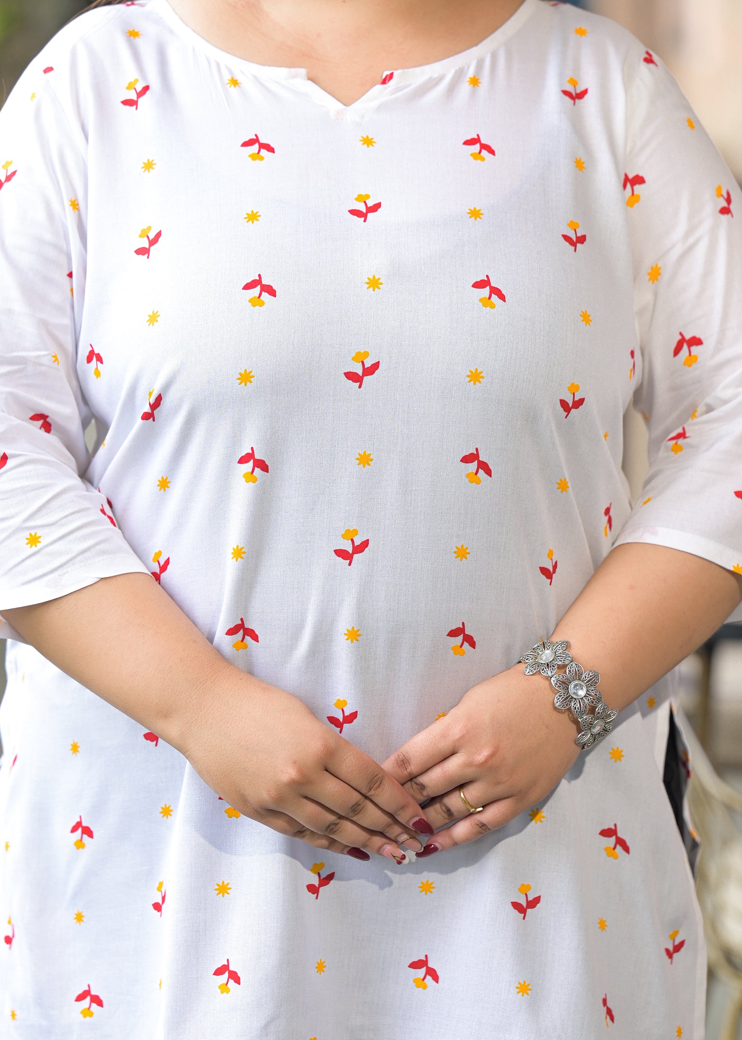 White Yellow Micro Print Ethnic Top