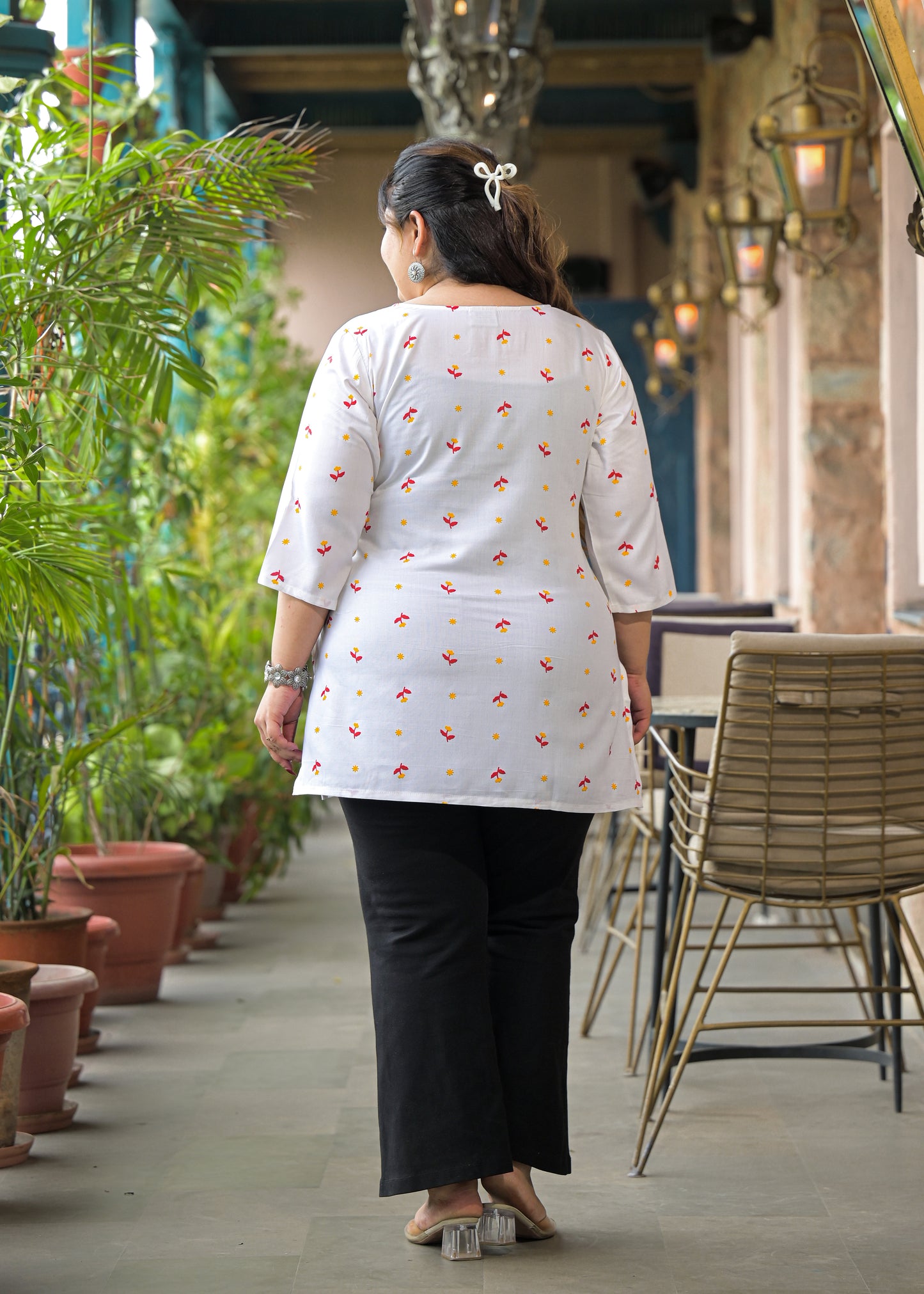 White Yellow Micro Print Ethnic Top