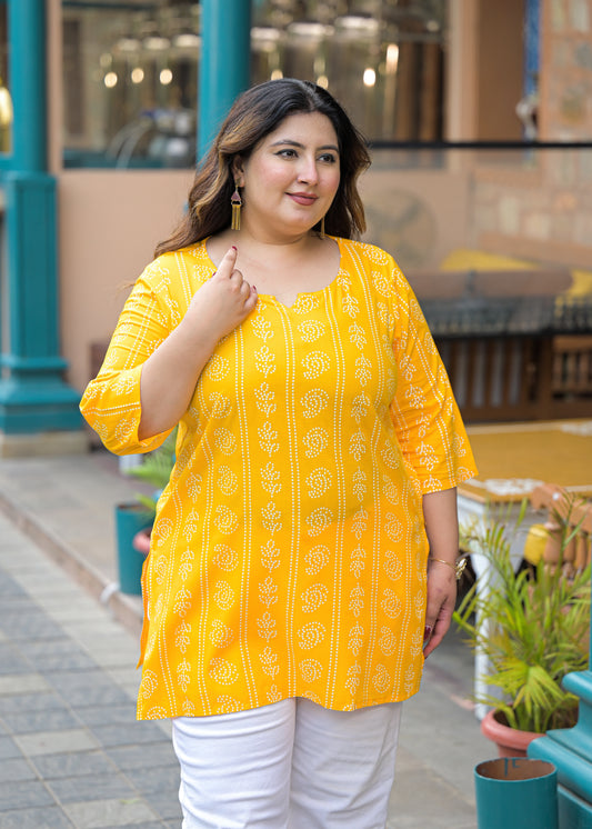 Yellow Bandhni Print Ethnic Top