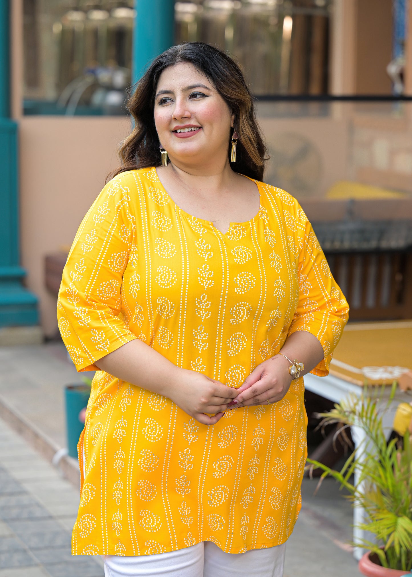 Yellow Bandhni Print Ethnic Top