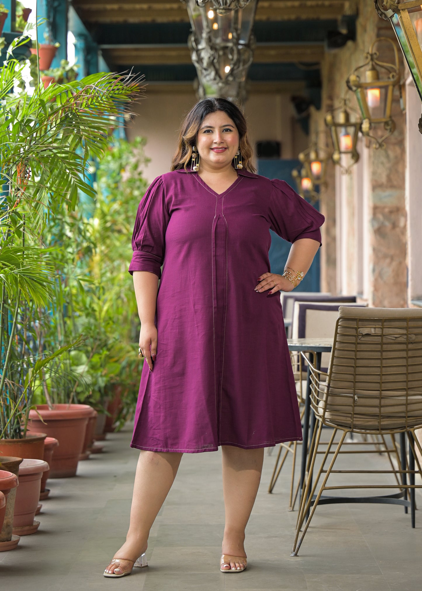 Magenta Solid Cotton Midi Dress