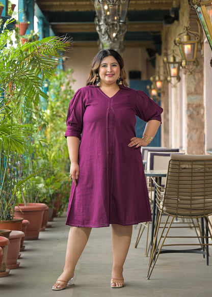 Magenta Solid Cotton Midi Dress