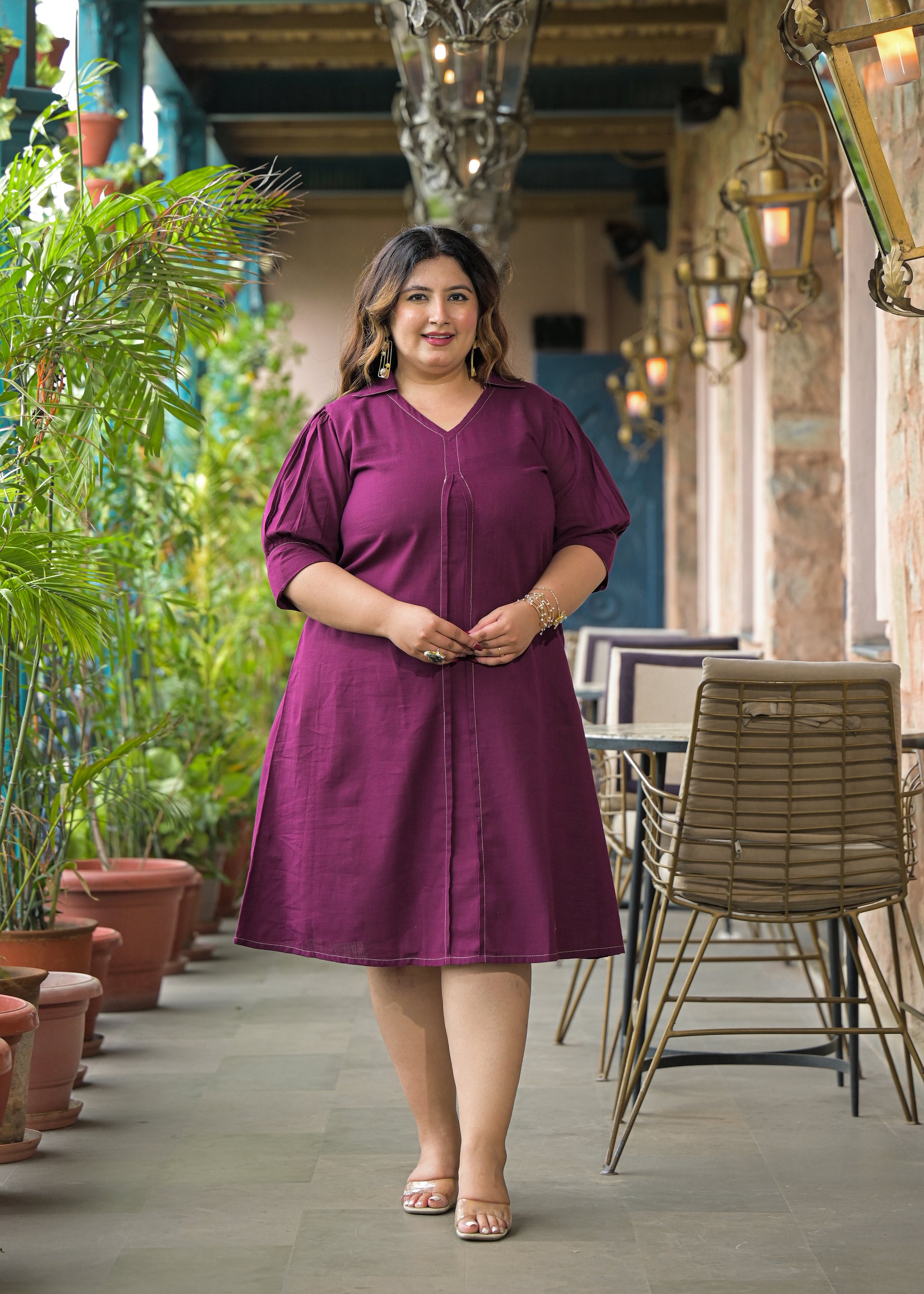 Magenta Solid Cotton Midi Dress - Main Image