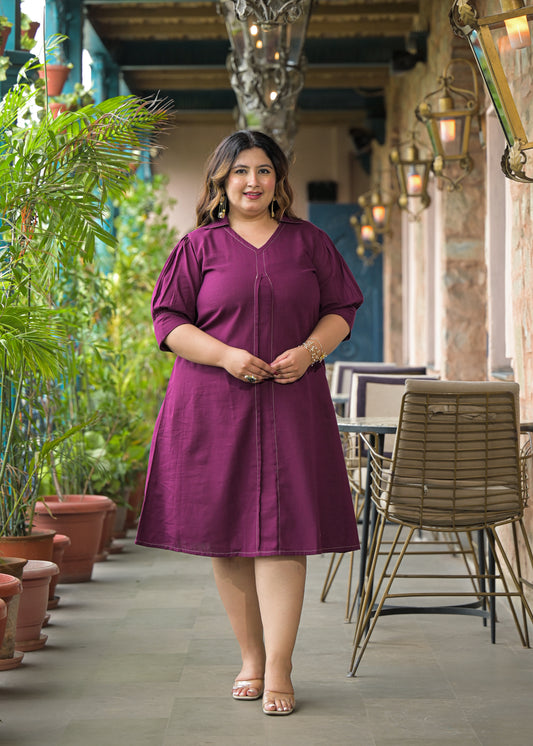 Magenta Solid Cotton Midi Dress