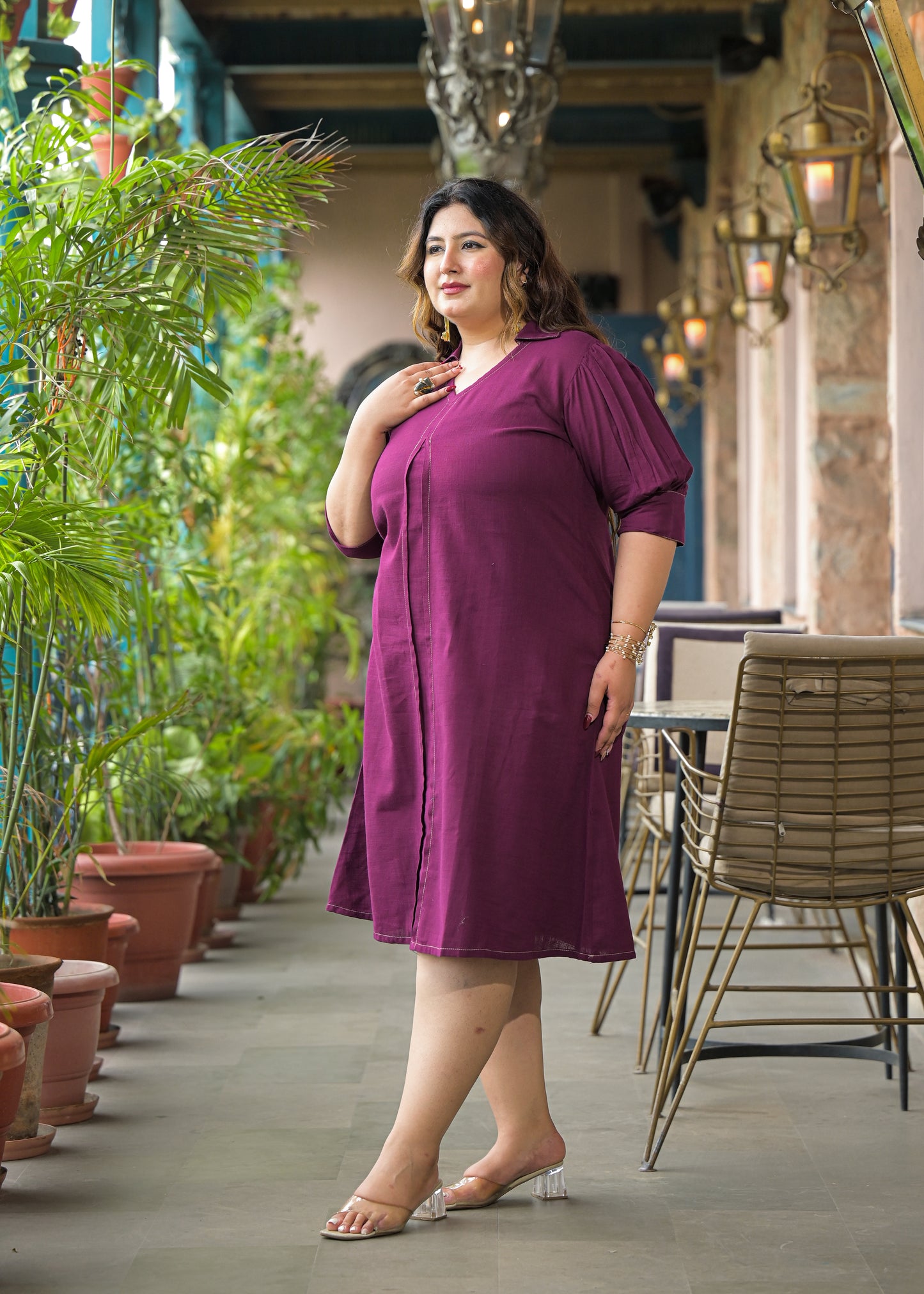 Magenta Solid Cotton Midi Dress