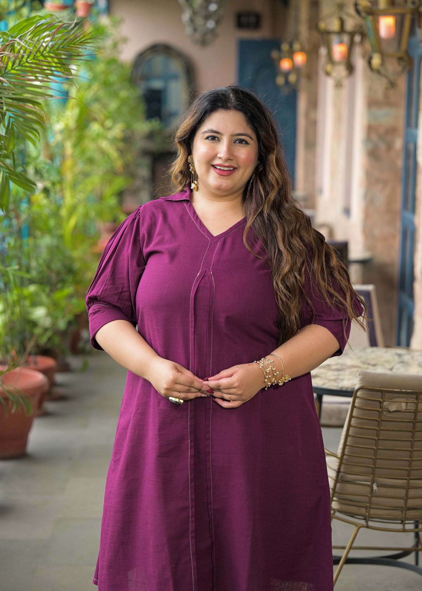 Magenta Solid Cotton Midi Dress