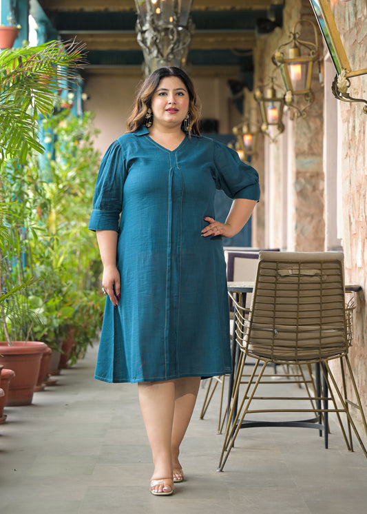 Teal Solid Cotton Midi Dress