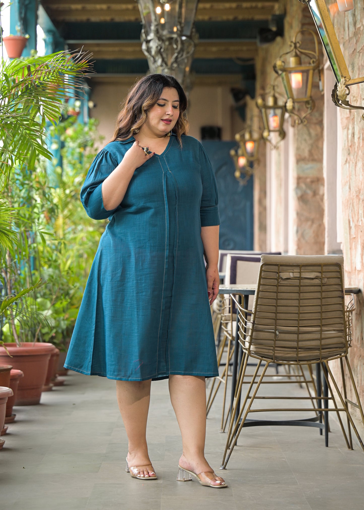 Teal Solid Cotton Midi Dress