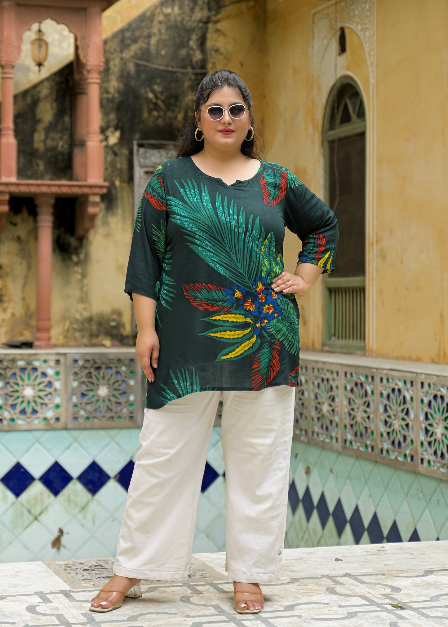 Bottle Green Printed Top/Tunic