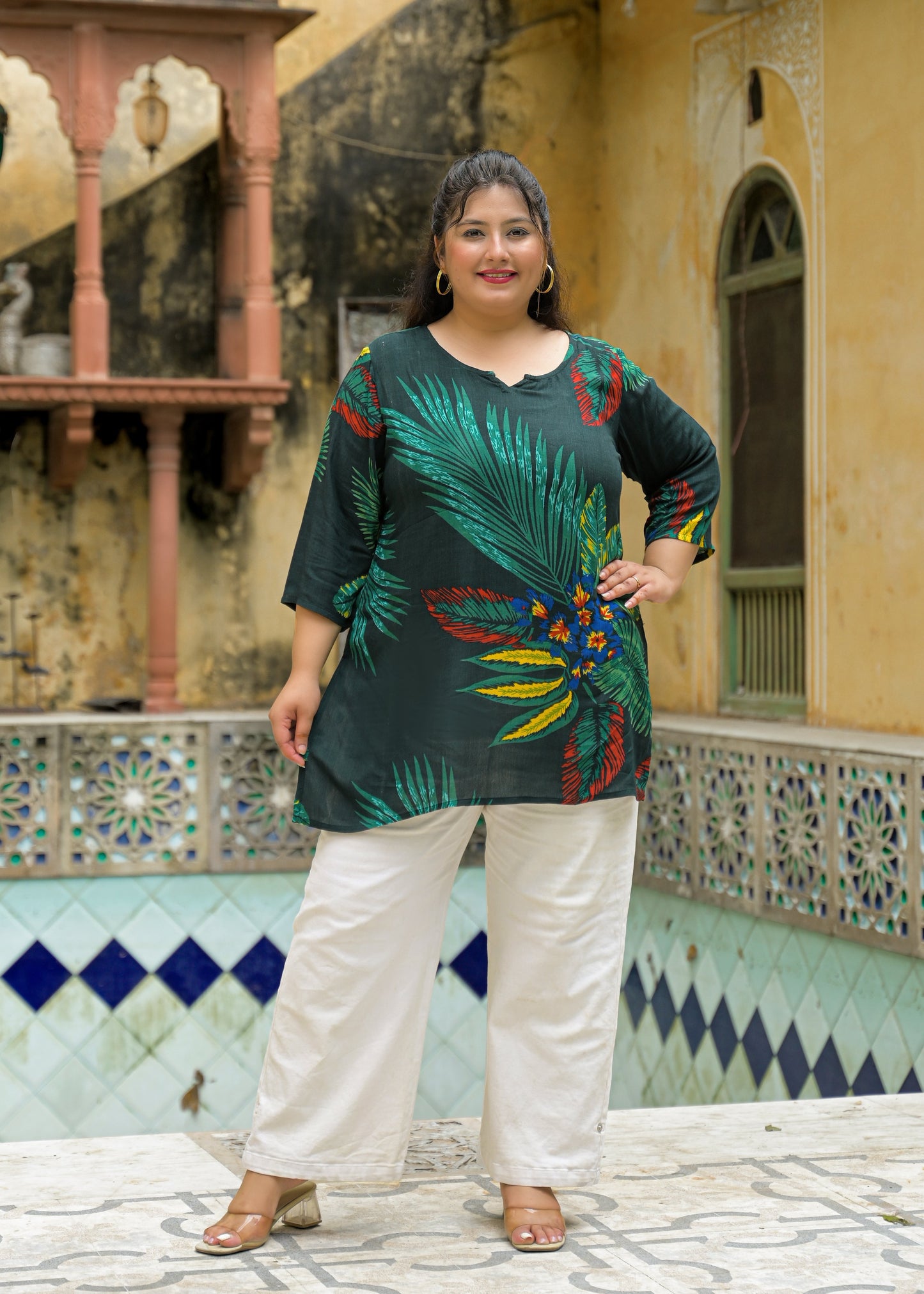 Bottle Green Printed Top/Tunic