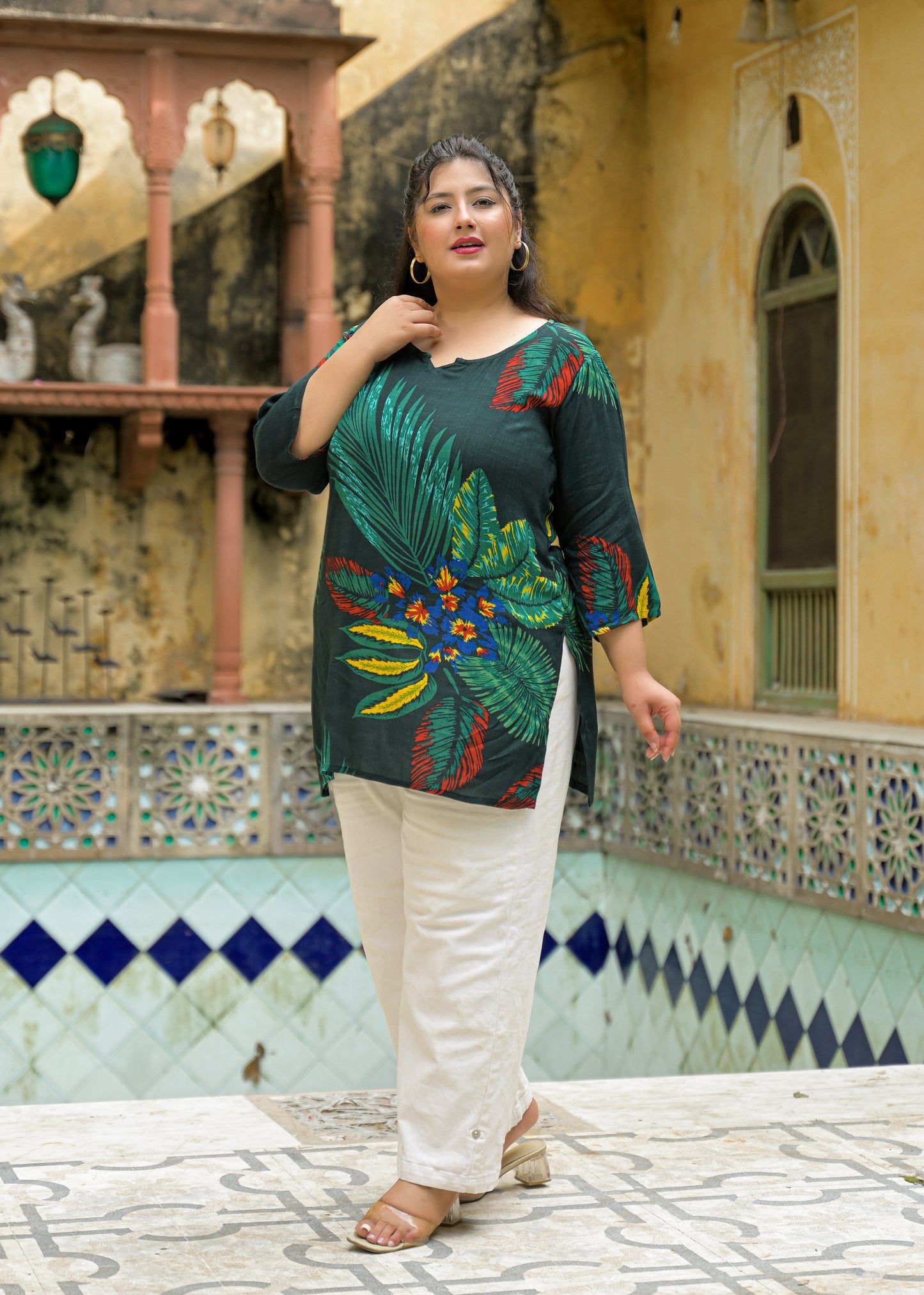 Bottle Green Printed Top/Tunic