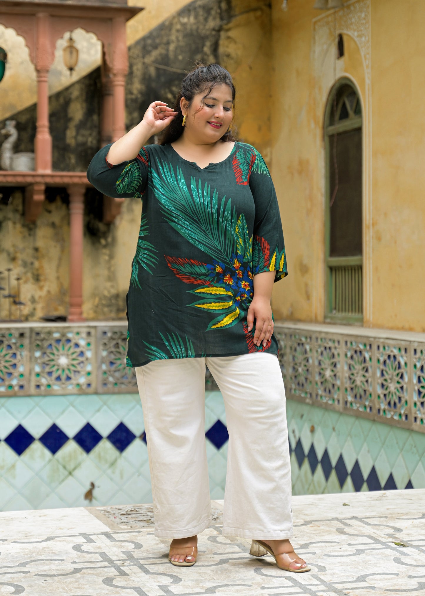 Bottle Green Printed Top/Tunic