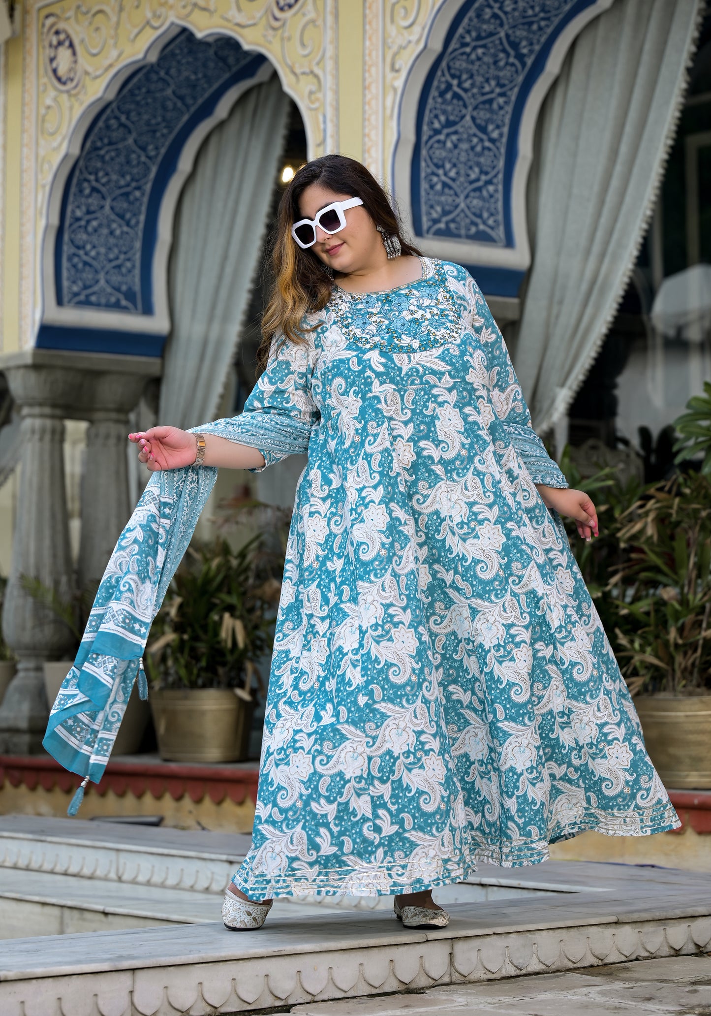 Blue Anarkali Kurta Dupatta Set