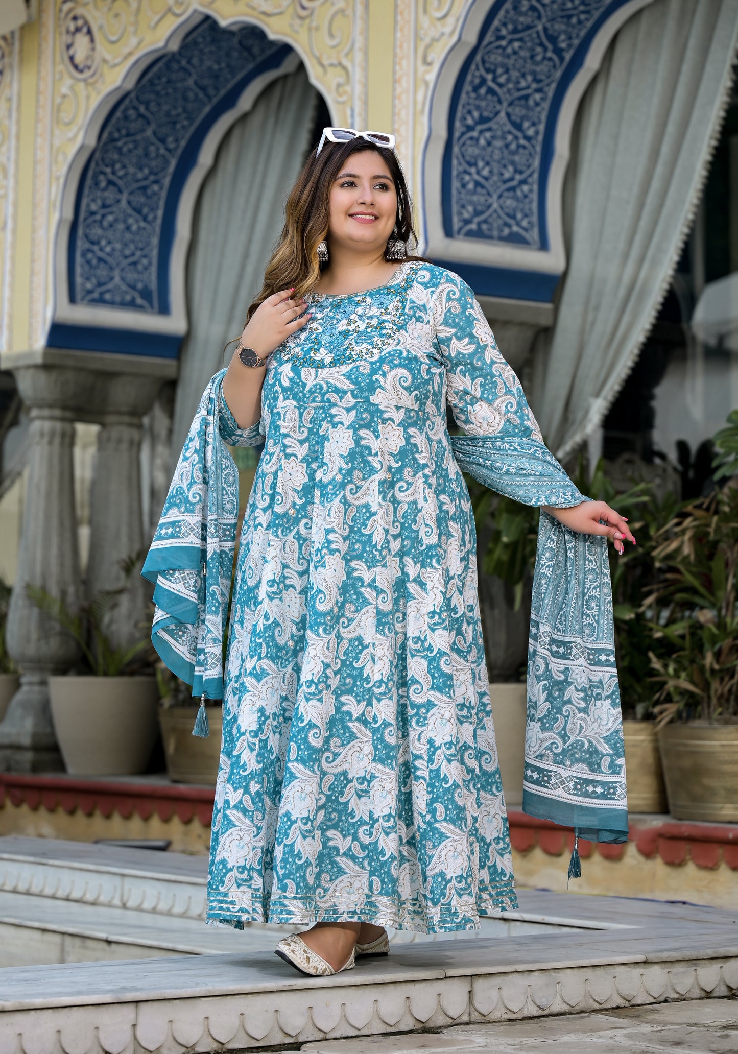 Blue Anarkali Kurta Dupatta Set