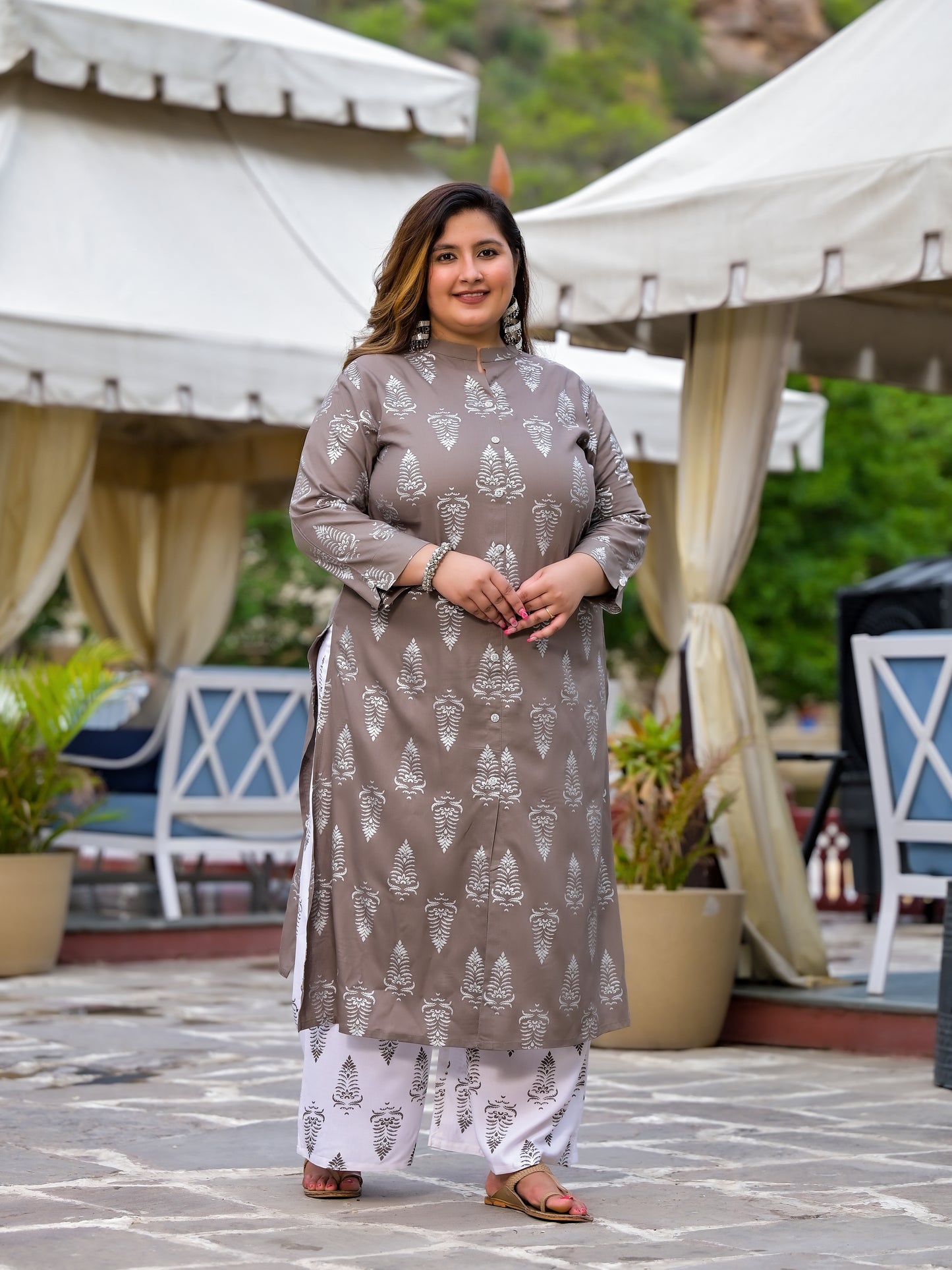 Grey Printed Front Slit Kurta Pant Set