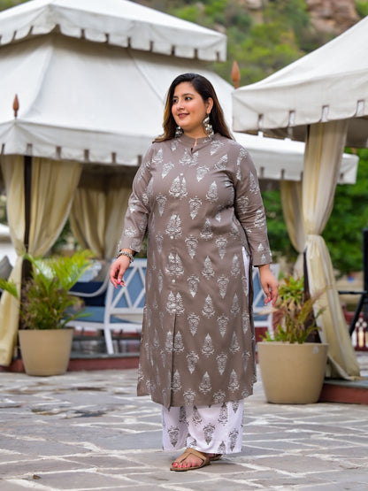 Grey Printed Front Slit Kurta Pant Set