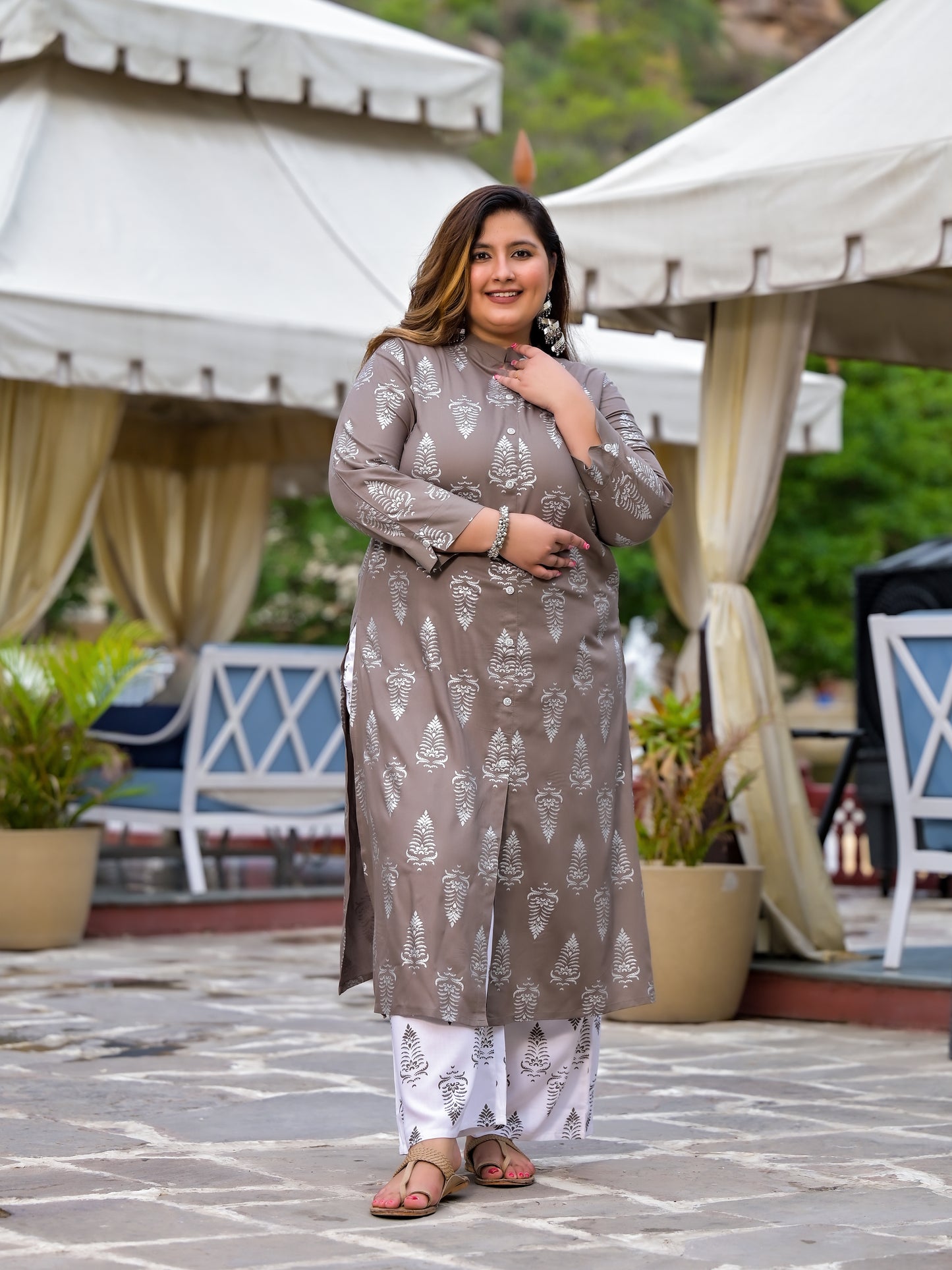 Grey Printed Front Slit Kurta Pant Set