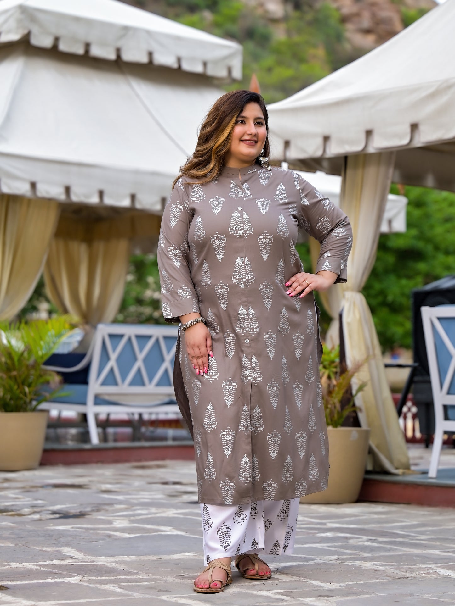 Grey Printed Front Slit Kurta Pant Set