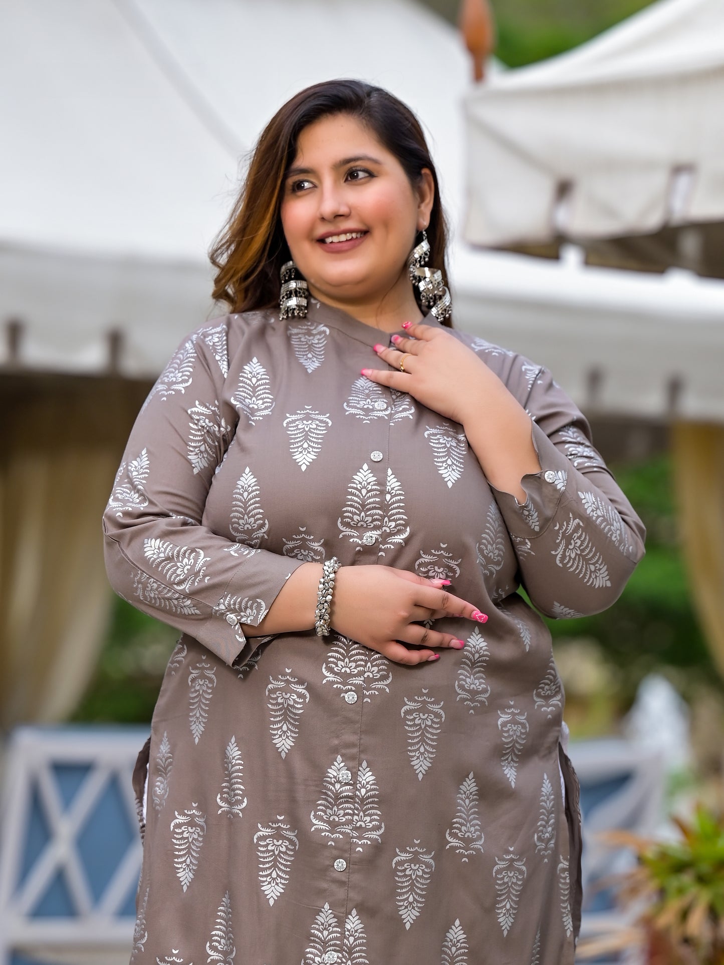 Grey Printed Front Slit Kurta Pant Set