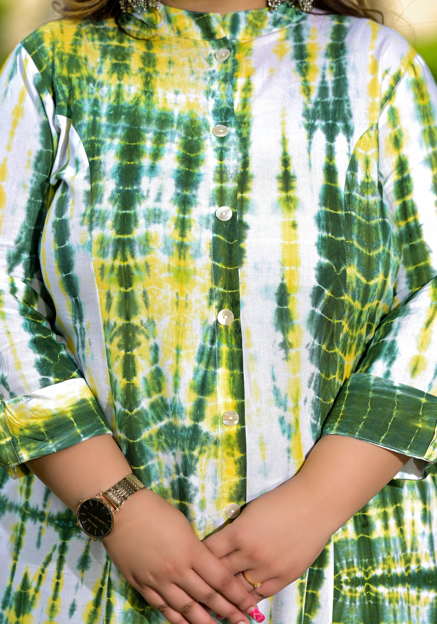 Green Tie-Dye Front Slit 'A' Line Kurta