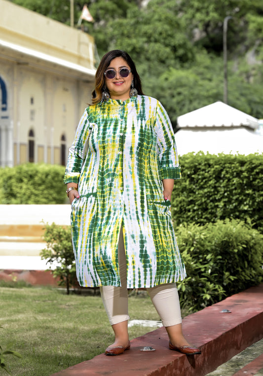 Green Tie-Dye Front Slit 'A' Line Kurta