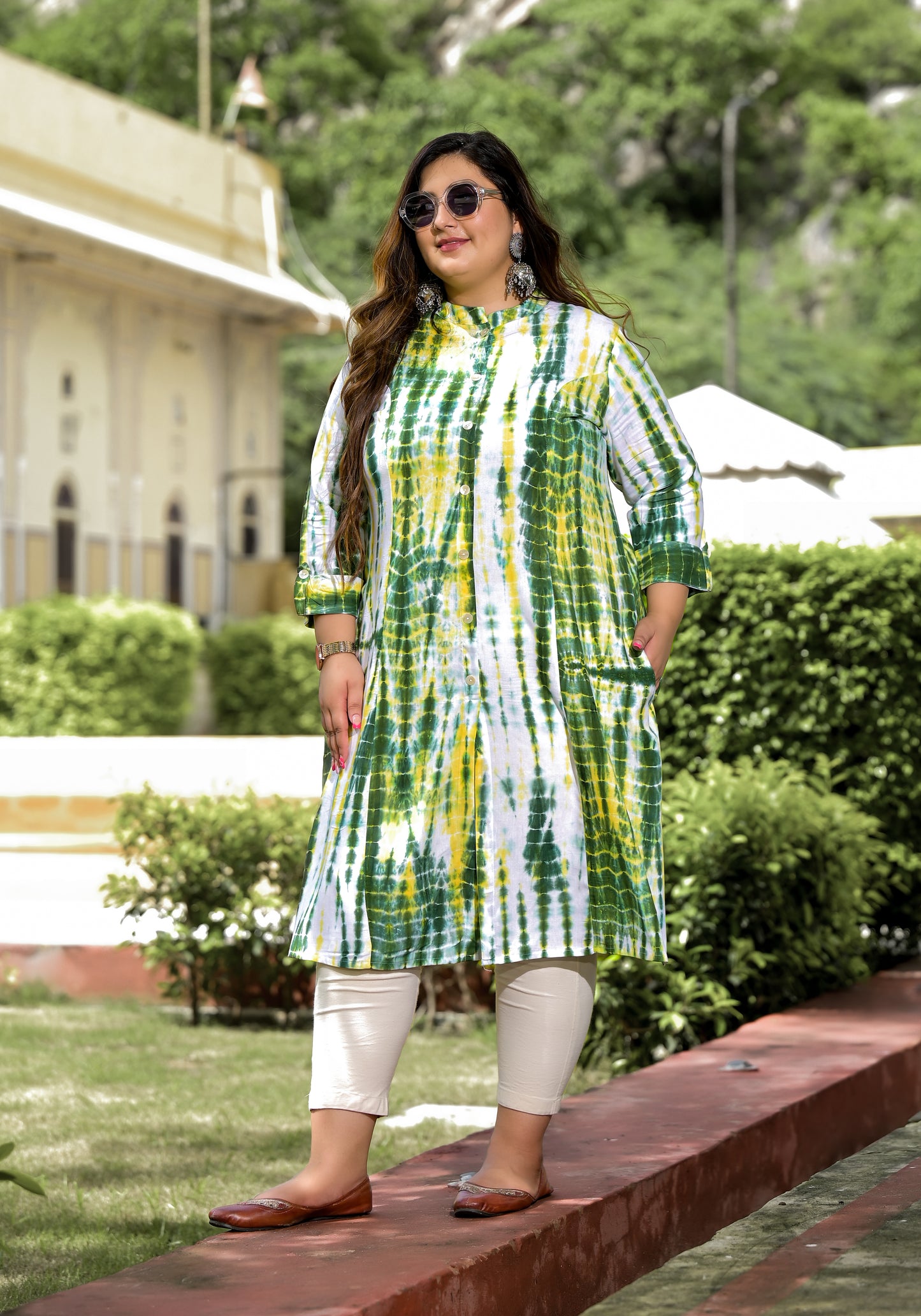 Green Tie-Dye Front Slit 'A' Line Kurta