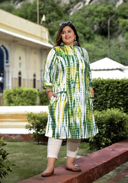 Green Tie-Dye Front Slit 'A' Line Kurta