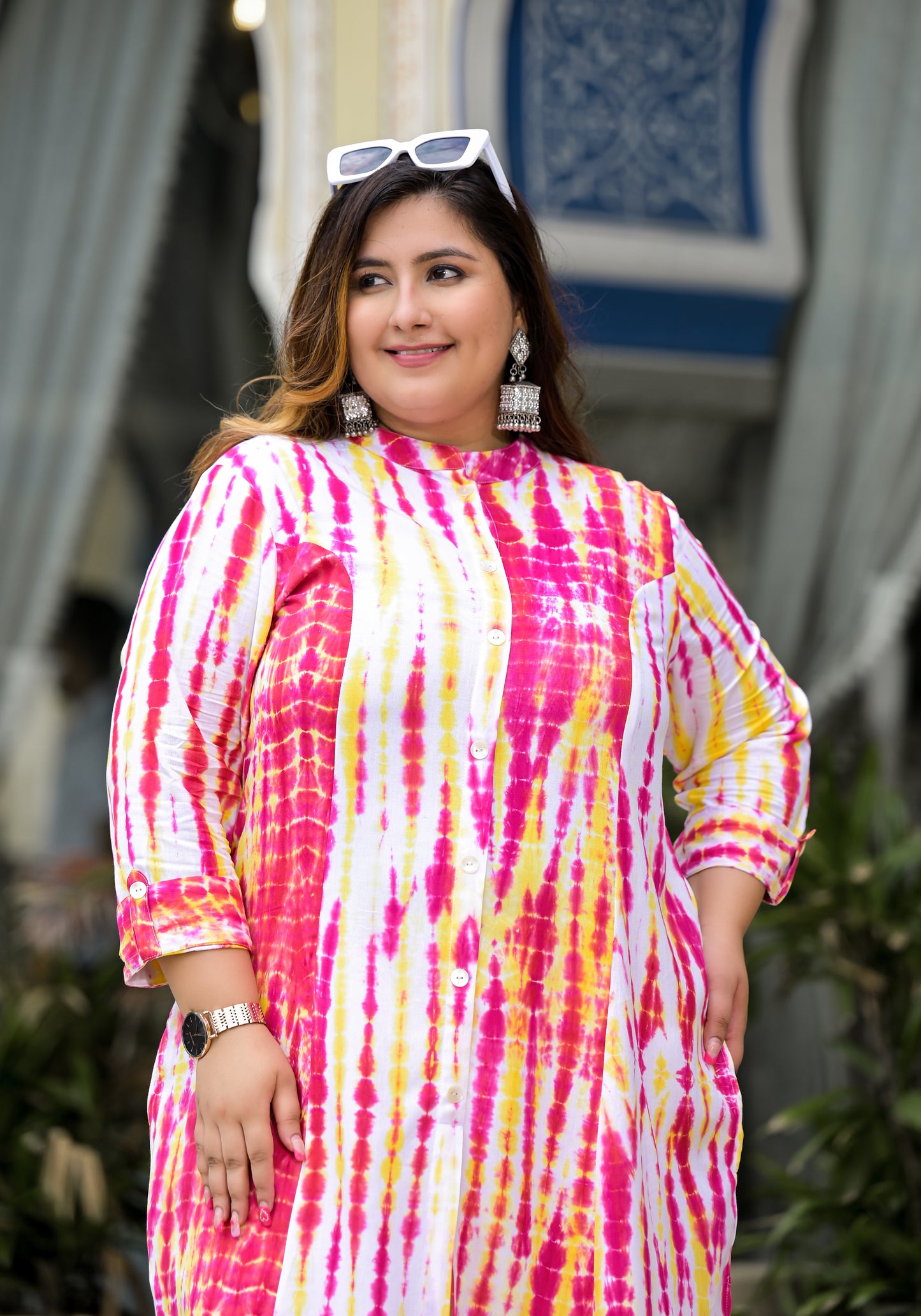 Pink Yellow Tie-Dye Front Slit 'A' Line Kurta