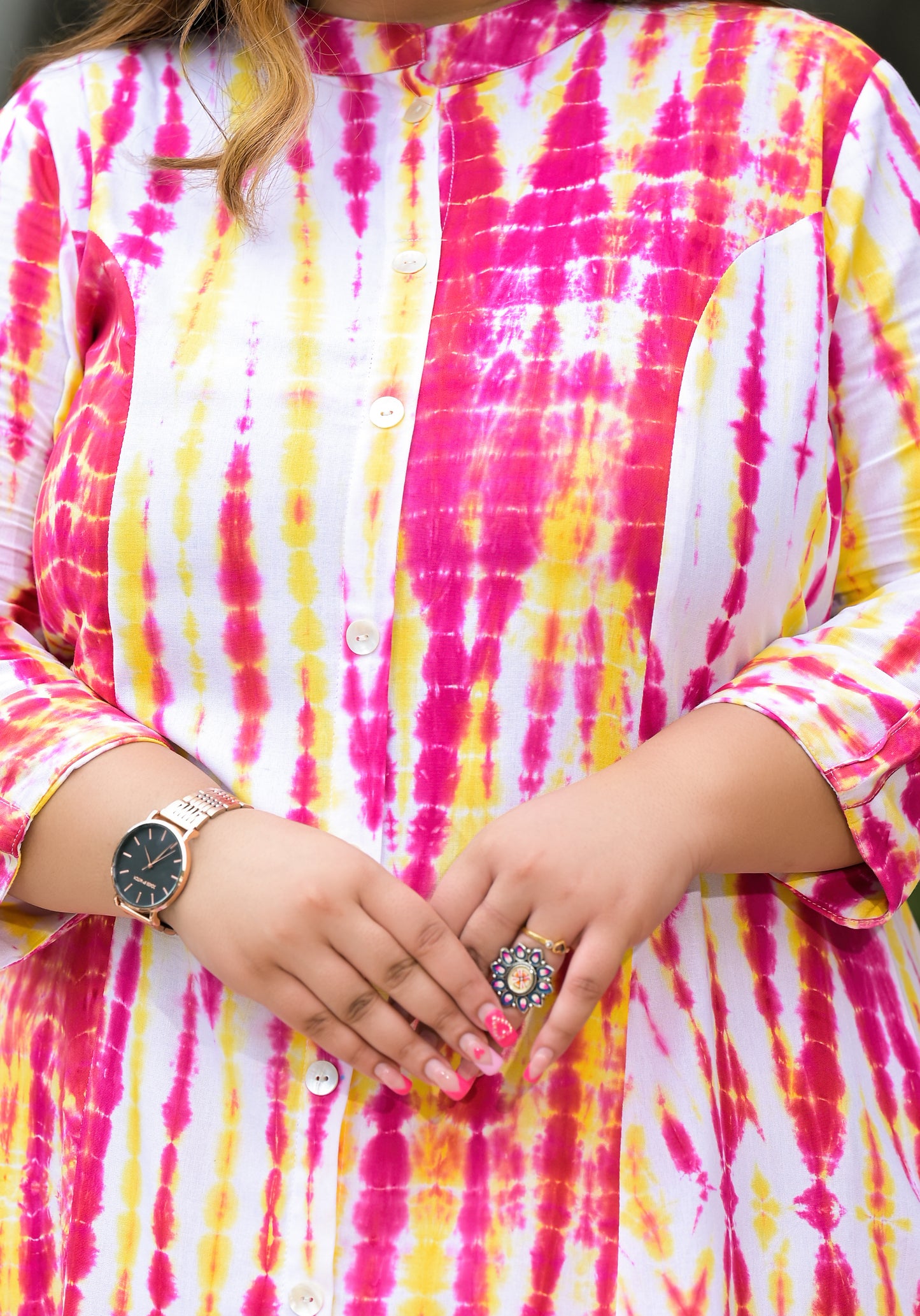 Pink Yellow Tie-Dye Front Slit 'A' Line Kurta