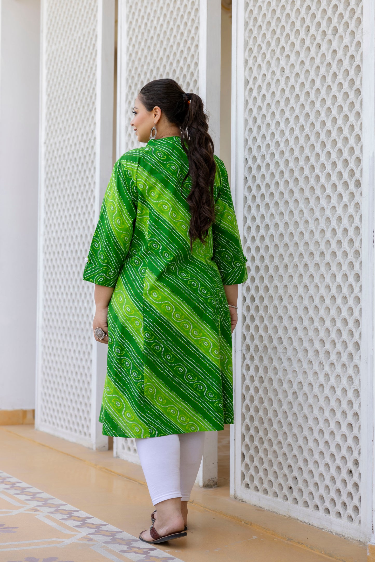 Green Front Slit Lehriya A Line Kurta