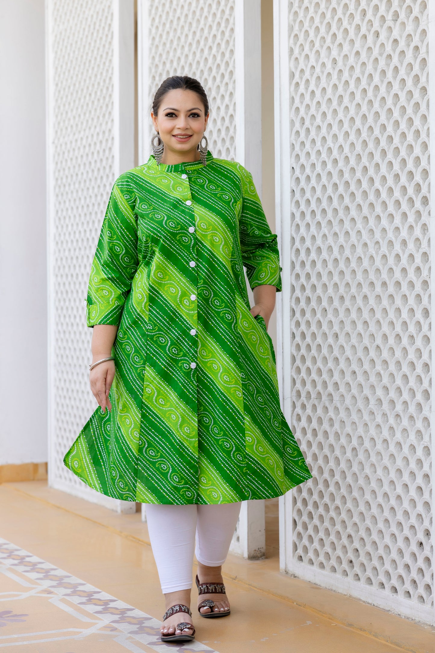 Green Front Slit Lehriya A Line Kurta