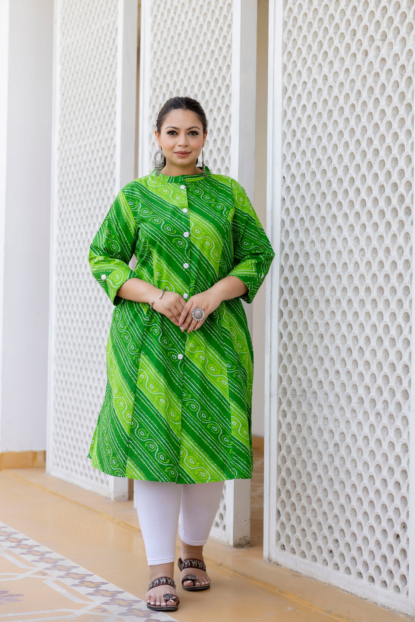 Green Front Slit Lehriya A Line Kurta