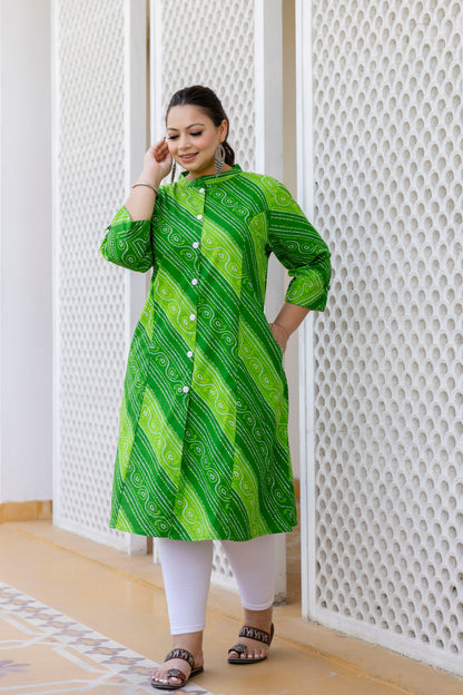 Green Front Slit Lehriya A Line Kurta