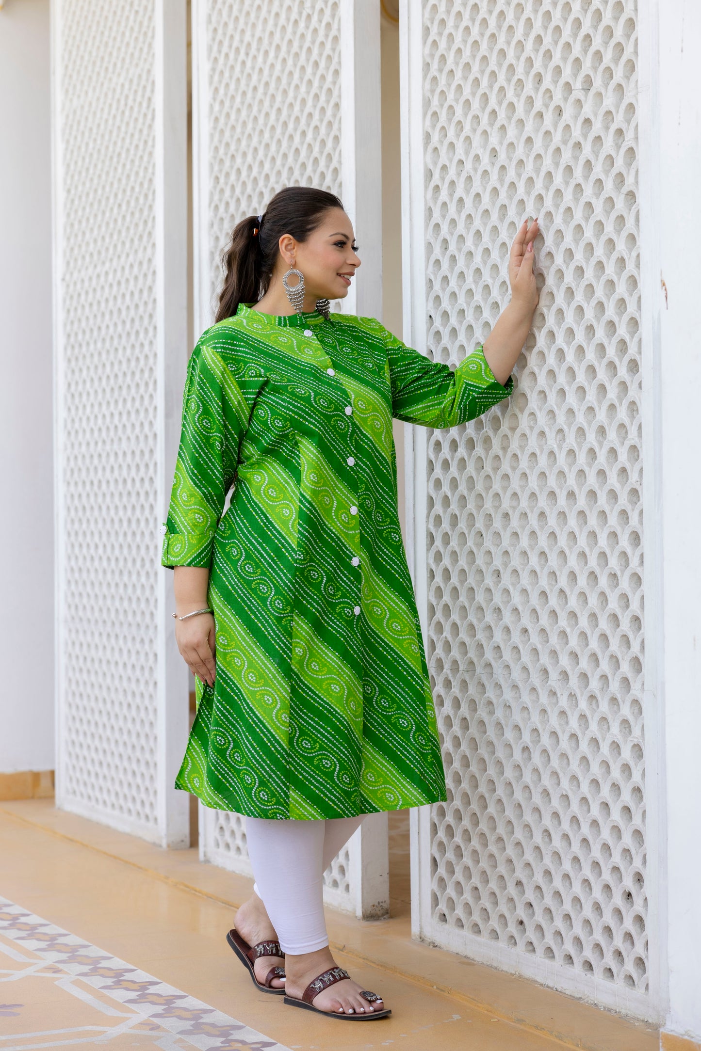 Green Front Slit Lehriya A Line Kurta